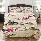 Pinbeam Duvet Cover Queen Size, Lake Japanese Vintage Bedding Set with Zipper Closure for Kids and Adults, Spring Chinese Asian Comforter Cover with 2 Pillow Shams for Bedroom Bed Decor