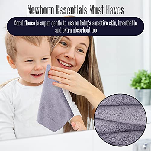 Image of 16 Pack Baby Washcloths - Luxury Coral Fleece - Extra Absorbent and Soft Wash Clothes for Newborn, Infants and Toddlers - Suitable for Sensitive Skin and New Born - Baby Shower - Light Grey,10x10 Inch