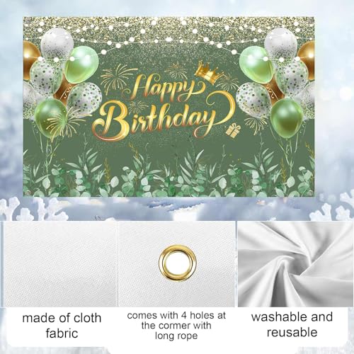 Image of Greenery Sage Green Happy Birthday Banner Backdrop Decorations Eucalyptus Leaves Women Birthday Banner Green Glitter Ballon Background Party Decoration Cake Table Banner Supplies 72x44 inch