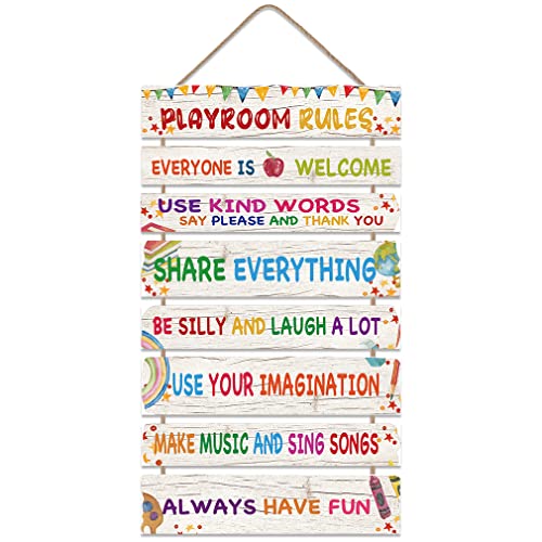 Image of LHIUEM Playroom Rules Quote Share Have Fun Wall Art,(Set of 8,29.4X5.9CM) Everyone Is Welcome Here Wood Sign Decor,Colorful Rainbow Motivational Quote For Playroom Kid Bedroom Classroom Decor(WHITE)