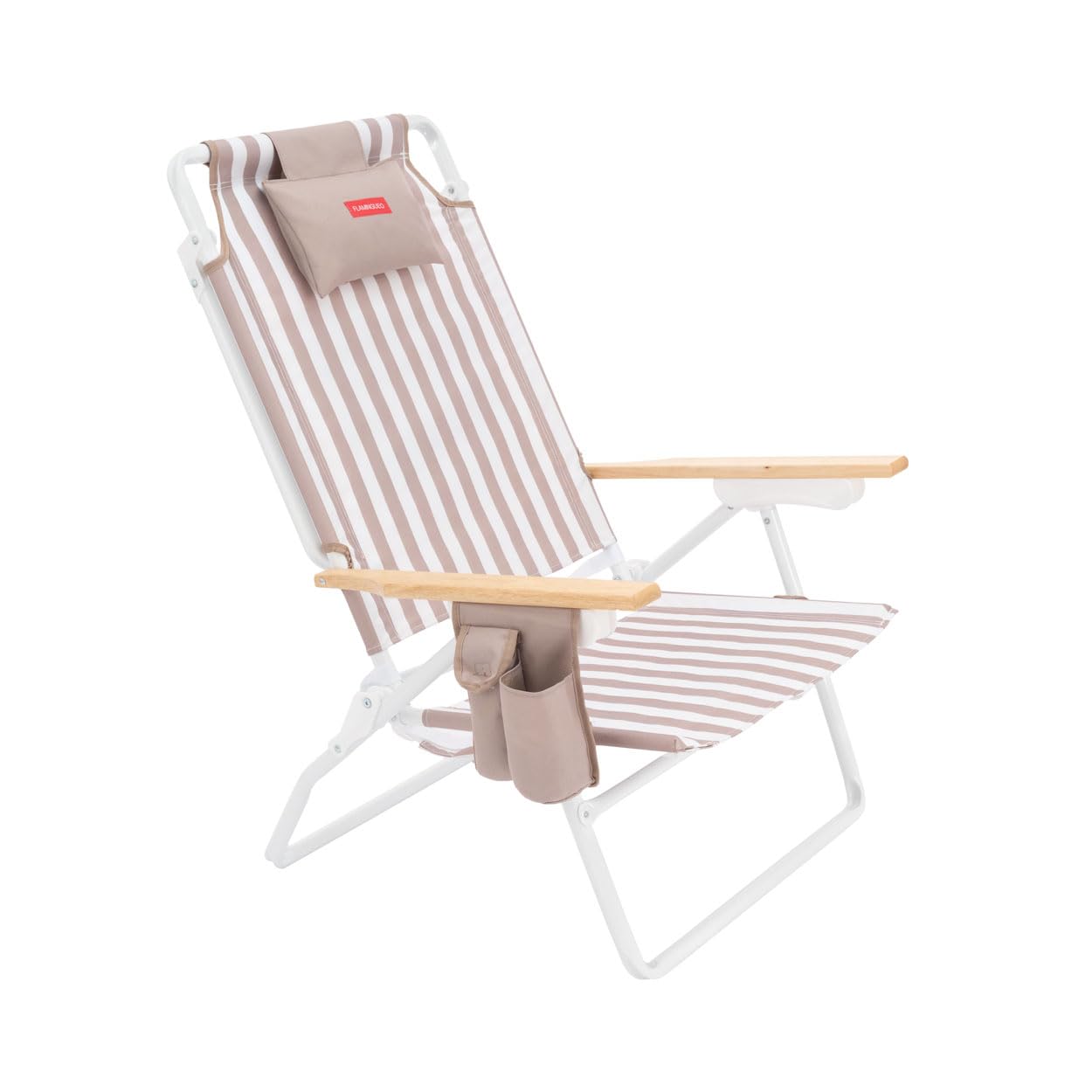Flamingueo Silla Playa Plegable - Reclinable 5 Posiciones - Bolsillo Insulado Frío - Bolsillo para Móvil - Asas Mochila - Almohada Ergonómica - Aluminio y Poliéster - Beige