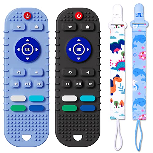 Image of Mgtfbg 2 Pack Soft Silicone Teething Toys for Toddlers, Babies 6-12 Months - Boys Girls Baby Molar Teether Chew Toys Set, Remote Control Shape Teething Toys Gift（Blue+Black）