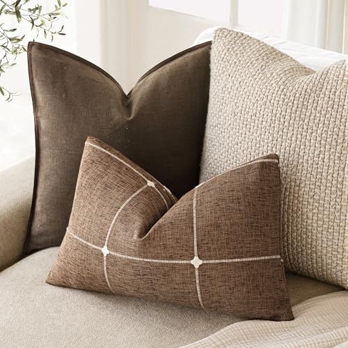 Image of Foindtower Pack of 2 Decorative Faux Linen Jacquard Check Throw Pillow Covers Farmhouse Lumbar Cushion Cover with Grid Textured Pillowcase for Couch Sofa Living Room Home Decor,12x20 Inch,Orange Brown
