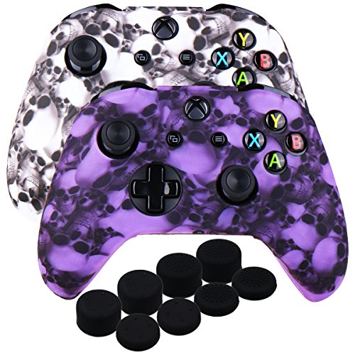 9CDeer 2 Stücke von Silikon Wassertransfer Schutz Ärmel Fall Abdeckung Haut Hülle Cover Skin + 8 Aufsätze Daumengriffe Analoge Kappen für Xbox One/S/X Controller, Schädel weiß und lila Cover
