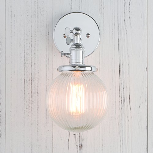 Image of PERMO Sconce with Switch Industrial Gold Wall Sconce Lighting with Ribbed Globe Lampshade (Chrome, 1 Light-Hardwired)