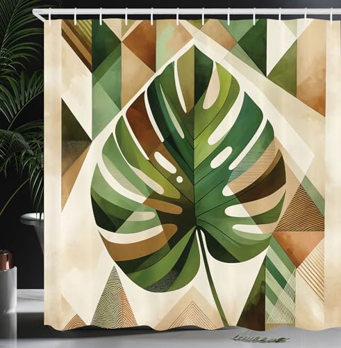 ABAKUHAUS Monstera Cortina de Baño, Naturaleza Boho Escandinava, Material Resistente al Agua Durable Estampa Digital, 175 x 200 cm, Verde Helecho Sepia Cacao