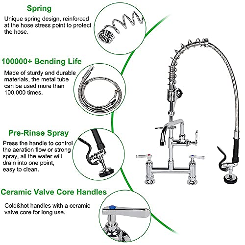 Tceumik Commercial Sink Faucet With Flexible Pre-Rinse Pull Down Sprayer Adjustable Center 27'' Height With 12'' Add-On Swivel Spout Deck-Mounted Kitchen Faucet For Restaurant 2 Or 3 Sinks #TOP5