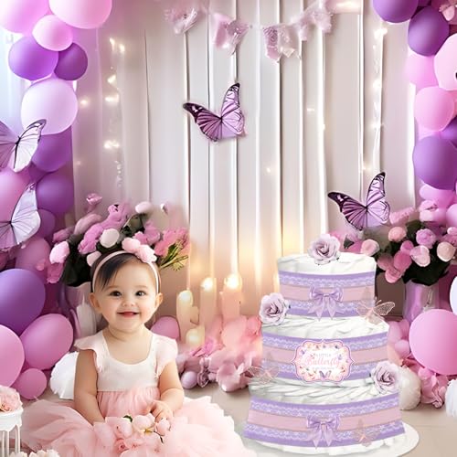 CORNER LACE Baby Shower Butterfly Diaper Cake Decor, Birthday Party Diaper Cakes Supplies Pink Purple, Include Ribbon, Bow Tie, Wall Stickers, Cake Topper, Artificial Flower(Diapers Not Included) by CORNER LACE - Used condition - Image 3