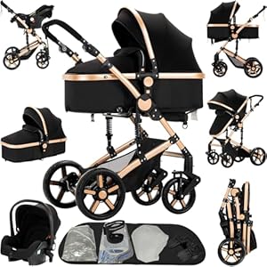 Reenborn Kinderwagen 3 in 1, Buggy mit Zwei Umkehrbaren Schiebemodi, Kinderwagen mit Rahmen Aluminiumlegierung, Babywagen 3 in 1 Komplettset mit Ein-Klick-Faltdesign Hohe Landschaft (588 Black Gold)