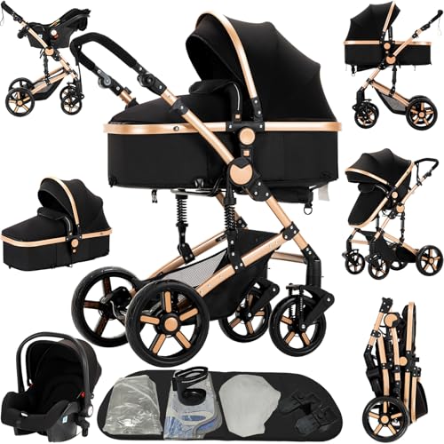 Reenborn Carrito Bebe 3 en 1, Carro Bebe con Dos Modos de Empuje Reversibles, Cochecito Bebe 3 Piezas con Marco de Aluminio, Carricoche Bebe con Diseño Plegable con Un Solo Clic (588 Black Gold)