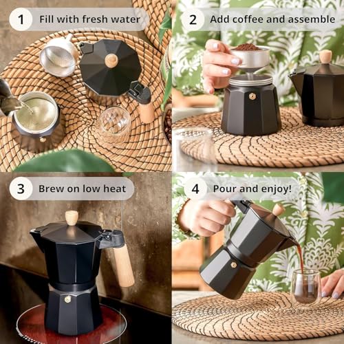Image of SPIREX Italian Coffee Maker | Espresso Moka Pot 3 Cup (150ml) | Black Aluminum Stovetop Espresso Maker | Real Wooden Handle