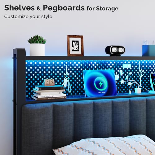 Image of VINGLI Twin or Twin XL Size Headboard, Adjustable Upholstered Headboard with 2 Tier Shelves and Pegboard with Charging Stations and LED Lights, Modern Bed Headboard with Storage for Bedroom Decor