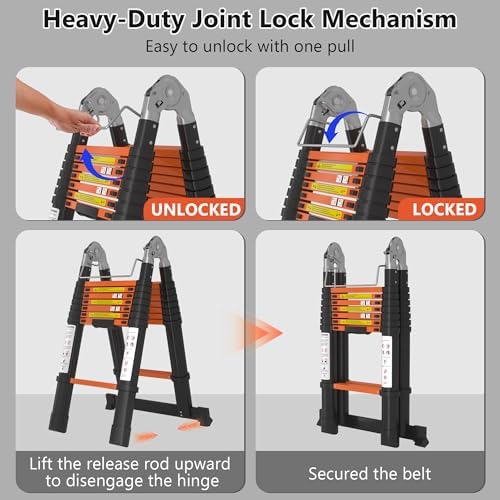 Image of Telescoping Ladder A Frame 16.5Ft with Stabilizer Bar, Black+Orange | 330 LBS Capacity, Aluminum, Collapsible Extension Ladder with Non-Slip Feet for House, Roof, RV & Travel Trailer