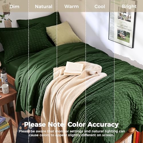 Image of HYMOKEGE Dark Green Twin Comforter Set Seersucker 5 Pieces, All Season Luxury Bed in a Bag Queen for Bedroom, Bedding Set with Comforter, Sheets, Pillowcase & Sham
