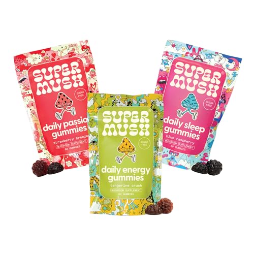 SuperMush Daily Gummies (Trio Bundle) - Daily Passion, Energy, & Sleep - Mushroom Gummies - Natural, Organic, Vegan, & Sugar-Free Mushroom Supplement - Ashwagandha Supplements with Cordyceps