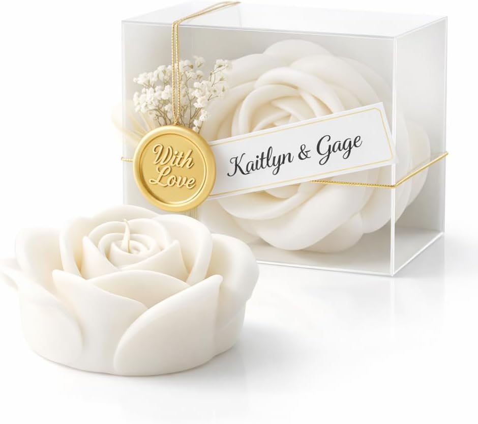 Personalized Rose Shaped Soy Wax Candles in Gift Box with Gold Wax Seal – Scented Wedding & Bridal Shower Favors, Elegant Mini Candle Gifts (Bulk Options Available)