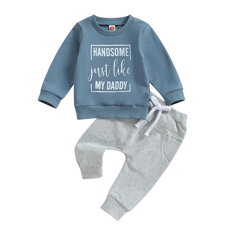 Image of Sduydiosy Newborn Baby Boy Clothes Long Sleeve Crew Neck Letters Sweatshirt Top with Pants Cute Toddler Fall Winter Outfits (Blue, 0-6 Months)