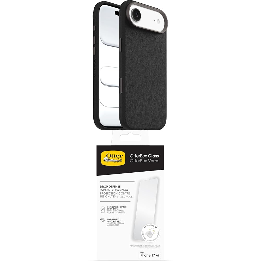OtterBox Symmetry Series Cactus Leather MagSafe funda para iPhone Air, Testada 3x con estándares Militares anticaídas, Negro + OtterBox Glass Protector de Pantalla de Cristal Templado