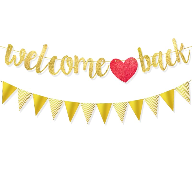 Firtink Welcome Back Girlande Gold Dreieck Flagge Willkommen Zurück Banner Schulbanner Schule Saison Banner für Schuldekoration Klassenzimmer Dekoration Familie Aktivitäten Deko