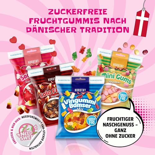 Nordthy Zuckerfreie Süßigkeiten Mix 290g – Original Dänisches Weingummi/Fruchtgummi ohne Zucker – Low Calorie Gummibärchen/Colaflaschen/Herzen/Mini Gums – Gesunde Diabetiker Süssigkeiten