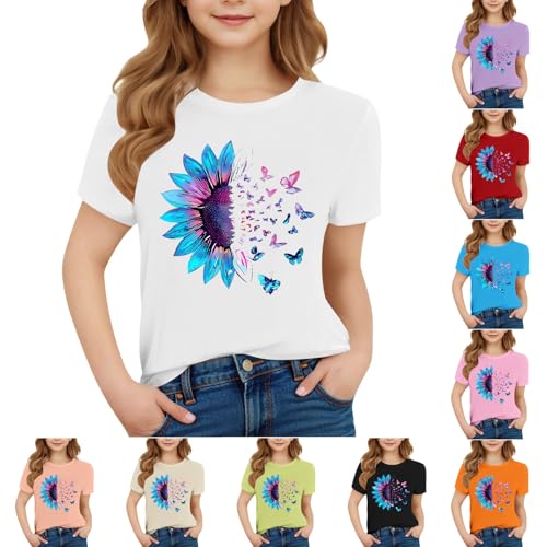 Girls Sunflower Butterfly Print T Shirts Short Sleeve Kids Casual Summer Tops Loose Crewneck Basic Tees for 3-15 Years2