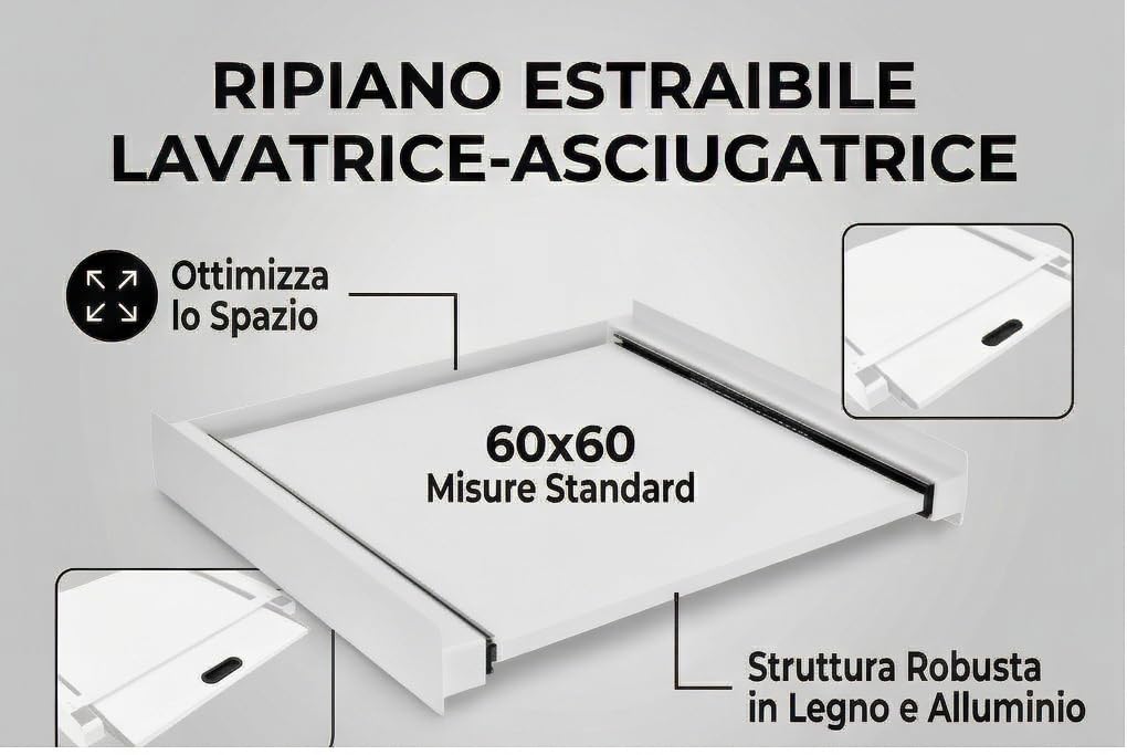 Ripiano Estraibile per Lavatrice e Asciugatrice 60x60 cm – Supporto Intermedio Salvaspazio con Binari in Alluminio, Piedini Antivibrazione, Cinghia di Sicurezza – Piano Piegabiancheria Robusto