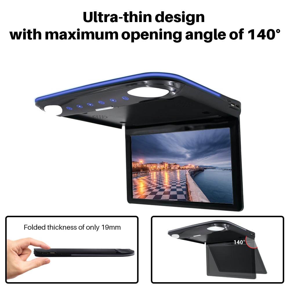 Monitor de Techo de Coche de 11.6 Pulgadas, 1080P HD Ultra Delgado IPS Pantalla Flip Down Multimedia Monitor, LED Auto Iris Light, Video Coche Superior Reproductor con USB TF HDMI FM