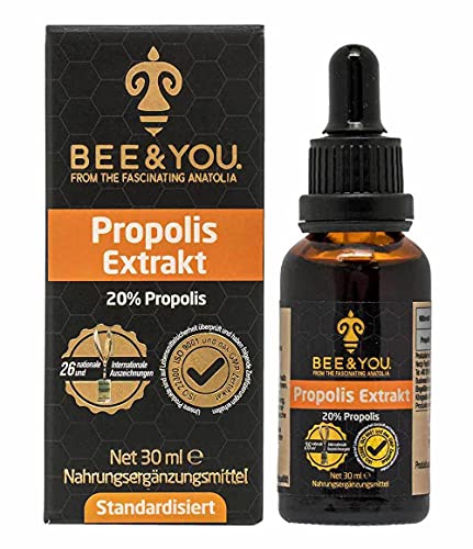 BEE&YOU Propolis Tinktur Tropfen 20% (30ml) standardisiert, Zusatzstoffe, Propolis Extrakt reich an nützliche Polyphenole und Flavonoide, in Müsli und Joghurt mischen