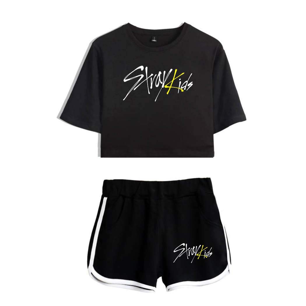FlyselfKpop T-Shirt Tracksuits Two-Piece Crop Tops+Shorts Set Bang Chan Changbin Hyunjin Felix Seungmin Jeongin Jisung Minho Woojin
