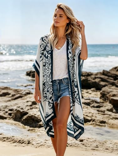 Image of Breezy Lane Women's Kimono Cardigan Summer Swimsuit Coverups Beach Cover Up with Floral Print for Vacation