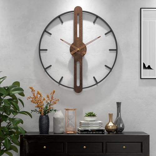 DAYDAYART Modern Walnut Dial Wall Clock, Wood Large Wall Clock Decor Metal Frame Silent Non Ticking for Living Room, Bedroom, Kitchen, Study Decoration, Handmade Home Present Idea, 20 in ?50 cm?