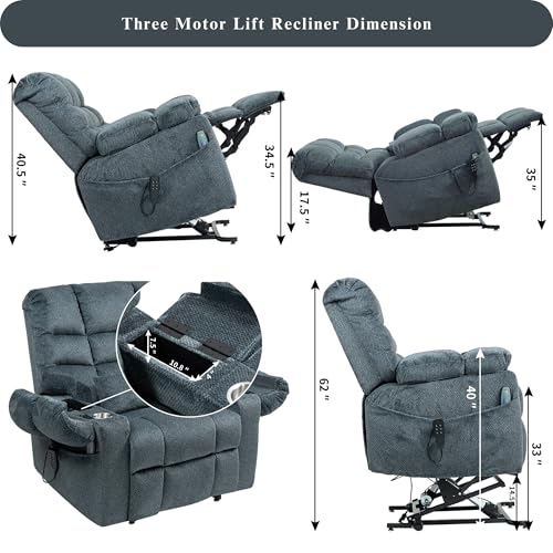 3-Motor Zero Gravity Recliner with Adjustable Seat Height Big Man Recliners 400 lbs with Heat Massage Arm Storage Cup Holders, Power Lift Chair for Elderly Adults - Image 4