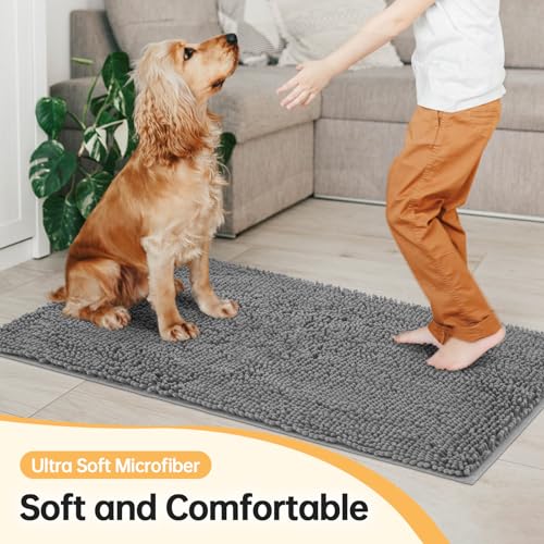 Image of Absorbent Dog Door Mat for Muddy Paws, 60 inch x 30 inch Chenille Indoor Mats for Entryway, Trap Dirt Front Door Mat Indoor Entrance Washable Non Slip Soft Light Grey