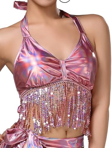 Aivtalk Women's Belly Dance Costume Patent Leather Tassel Crop Top Party Club We