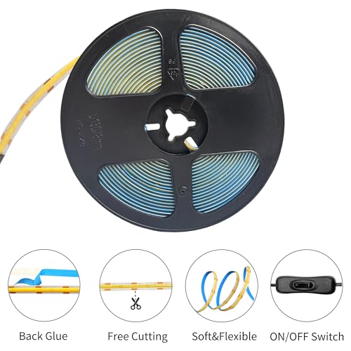 Image of 5V 8mm Width USB COB LED Strip Lights with Switch,Natural White 4000K,320LEDs /M,8W /M,CRI90,16.4FT /5M,Electroplated Double-Sided Panel Light Strip,Waterproof IP20,for Indoor Decoration