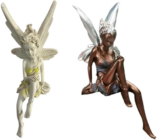 Miniatura 3 de Generic Estatua de jardín sentado de resina, hada realista con escultura de ala, encantador ángel de cuento de hadas al aire libre, adorno para