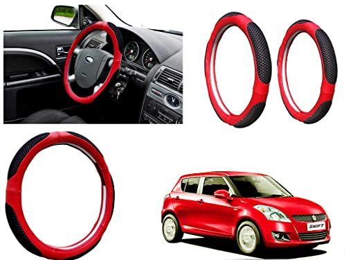 Image of Microfiber Car Steering Wheel Cover, Soft Padding Great Hand Feel, Anti-Slip, Faux Leather Steering Cover for Maruti Suzuki Swift Type3 | Black Red Jali - Pack of 1