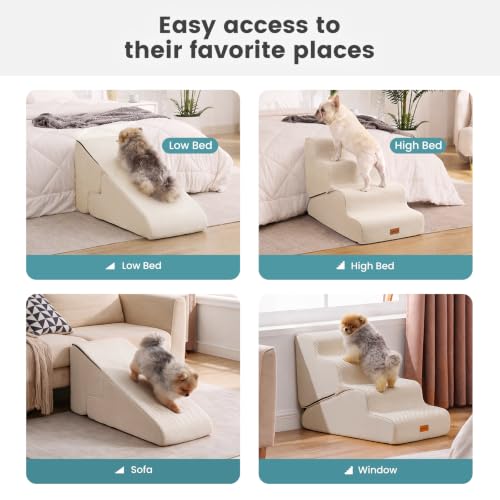 Image of Gardner Pet Dog Stairs for Small Dogs 22 inch H, 2 in 1 Transformable 4-Step Pet Stairs and Dog Ramp for Couch Bed (23-27 in), Adjustable Pet Steps Beige