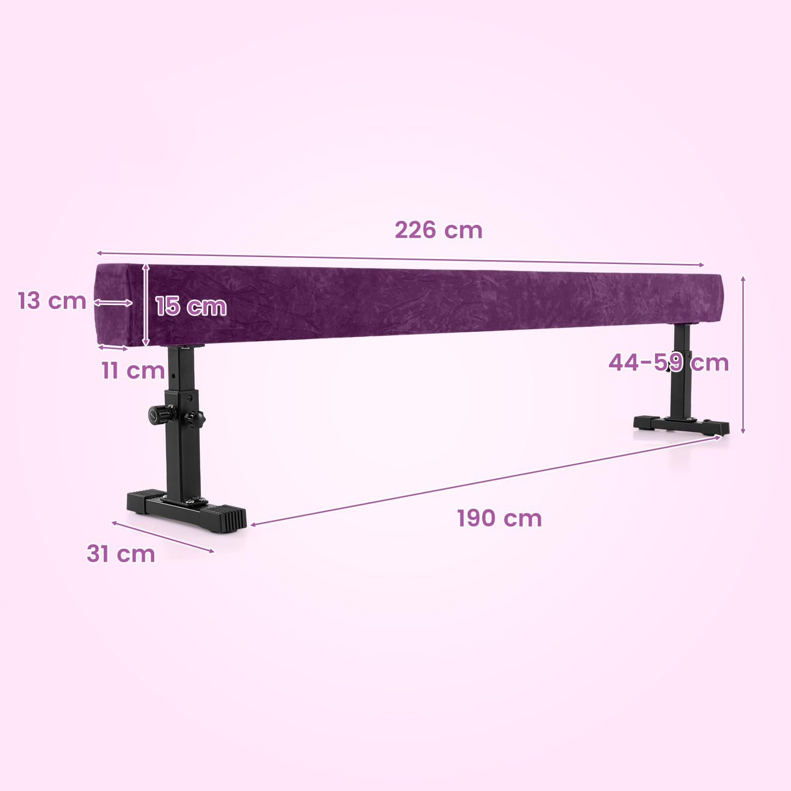 COSTWAY 226 cm Schwebebalken mit 3 Höhen verstellbar, Gymnastikbalken, Heimtrainingsgerät mit robusten Metallbeinen & Rädern, Balancierbalken für Anfänger und Profis (Lila)