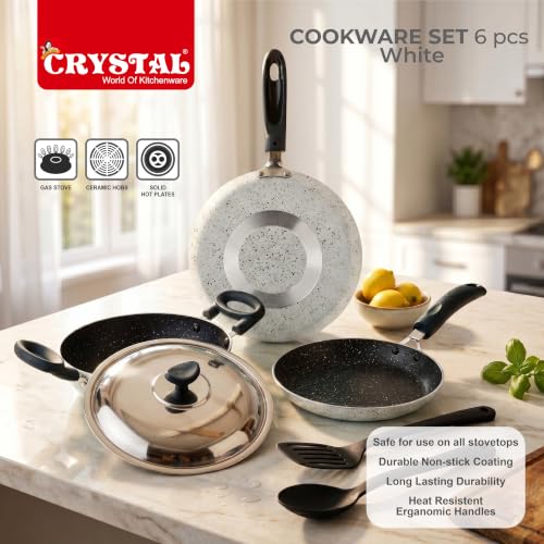 Image of Crystal Aluminum 6 Pcs Non Stick Cookware Set | Gas Stove Friendly | Tawa, Fry Pan, Kadhai with Lid, Laddle & Spatula | Durable 4 Layer Non Stick Coating | PFOA Free | White