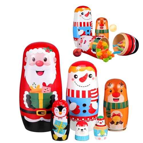 AOKWAWALIY 6pcs Christmas Nesting Dolls Handmade Wooden Stacking Dolls Russian Nesting Dolls Toy Snowman Dolls with Cartoon Pattern Matryoshka for Christmas Decoration Birthday Party Favors