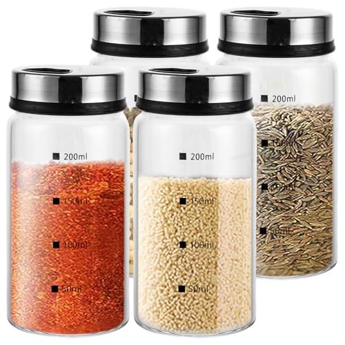 ZOFUN Conjunto de 4 frascos de especiarias com tampa giratória, 200 ml, vidro de borosilicato, saleiro e pimenteiro, frascos de especiarias com orifícios para especiarias, saleiro de cozinha,