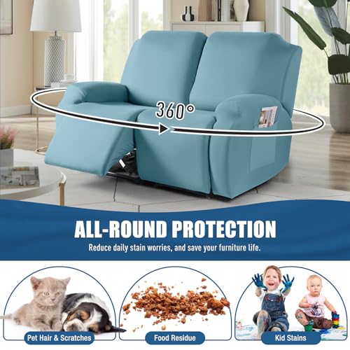Image of TAOCOCO Recliner Loveseat Slipcover, 2 Pieces Polyester Fabric Stretch Sofa Covers for 2 Seat Reclining Couch, Soft Washable Furniture Protector with Pockets (2 Seat, Aqua Blue)