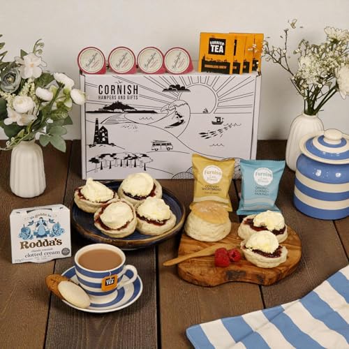 Cornish Afternoon Cream Tea Hamper 4 Person Deluxe Cream Tea - Fresh Scones Tea Jam Cornish Biscuts & Roddas Clotted Cream Elegant Packaging Gift - Birthday Anniversary & Special Occasions