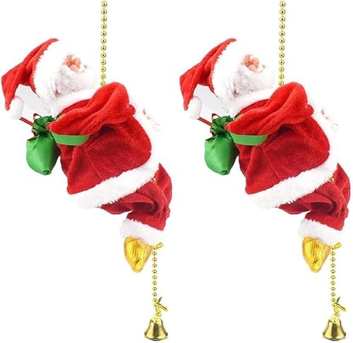 Electric Climbing Santa Claus Toy - Musical Climbing Santa on Rope/Ladder, Christmas Tree Hanging Ornament Decoration, Santa Climbs Up and Down with Music (2PACK)