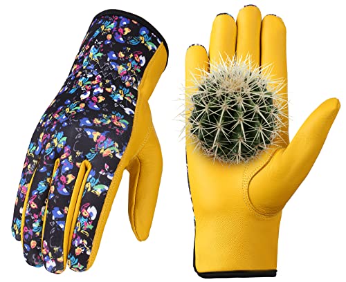Genuine Leather Women s Gardening Gloves - Breathable Thorn Proof Work Gloves for Planting, Pruning, Fishing, Yard Work, Best Gifts for Gardener Work (Purple Floral Pattern)