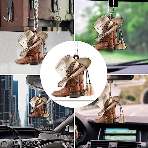 Car Rear View Mirror Pendant, Personalized Cowboy Boots and Hats Flat Acrylic Car Hanging Ornament Charm Auto Interior Rearview Decor Automotive Interior Mirrors Interior - Thumbnail 3