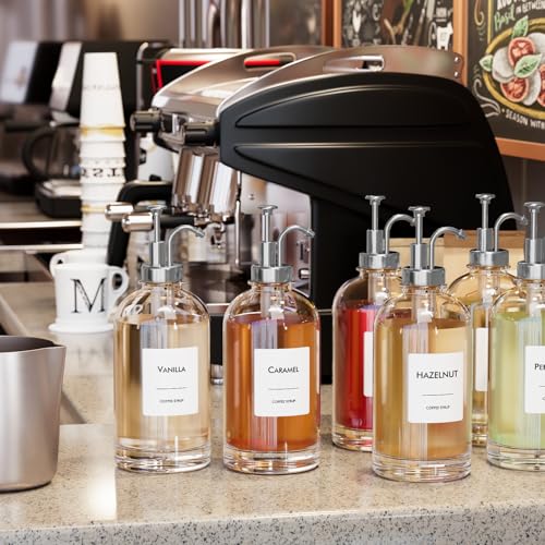 Image of 16.9 oz /500 ml Coffee Syrup Dispenser Set - 6 Glass Bottles with Silver Pumper and Syrup Labels - Precise Dispensing and Stylish Addition to Coffee Shop, Cafe or Home Bar
