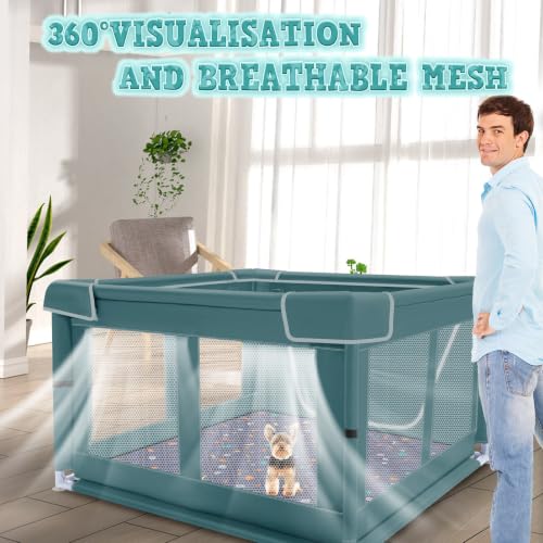 Image of XVISHX 42x42 Inches Puppy Playpen with Dog Pads, Dog Playpen for Puppies or Small Dogs, Pet Playpen for Indoor & Outdoor, Thickened Fabric, High-Strength Nylon Wire Mesh, Bluish Green