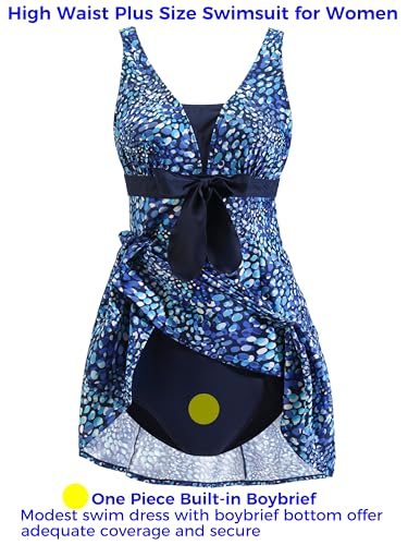 Women's One Piece Swimsuit Plus Size Swim Dress V Neck Wrap-Front Printed Swimwear Tummy Control Bathing Suit3